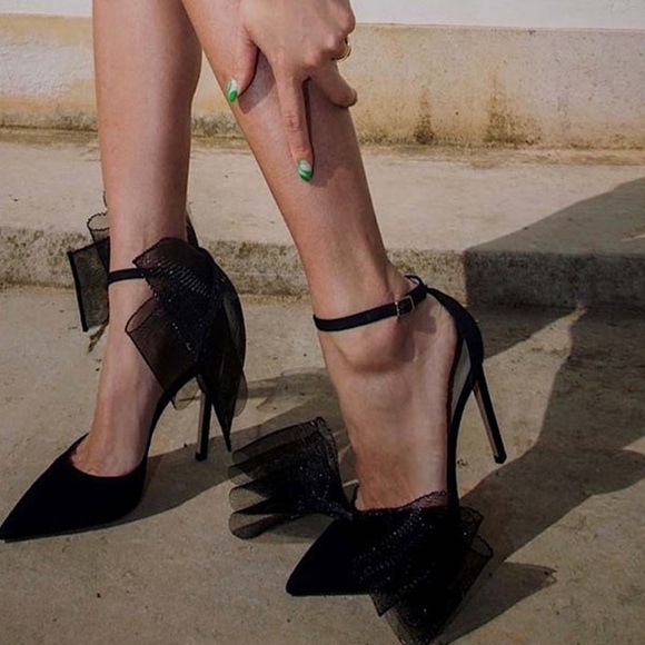 Jimmy Choo Shoes - Jimmy Choo Averly 100 Black Mesh Bow Satin Pointed Toe Stiletto Heel Pumps